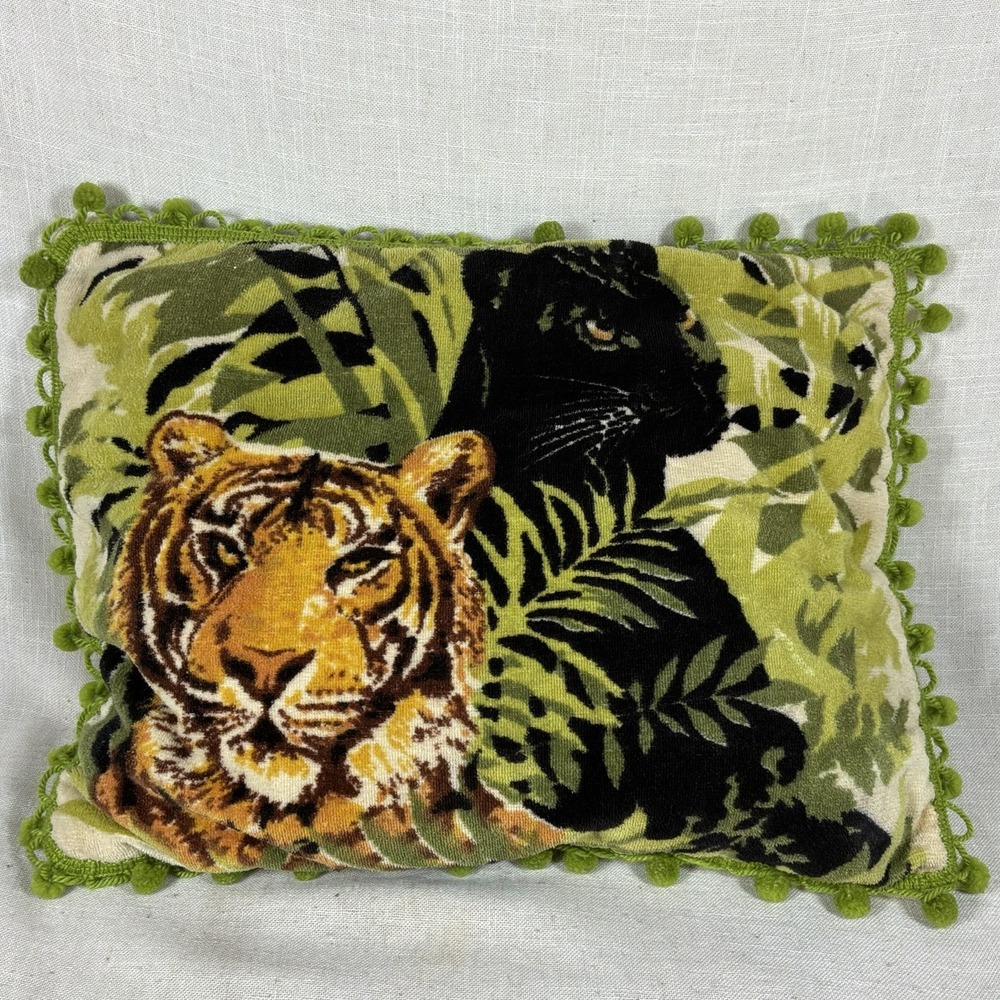 VTG 70s 80s Tiger Panther Throw Pillow Pom Pom Fringe Jungle Soft Handmade EUC